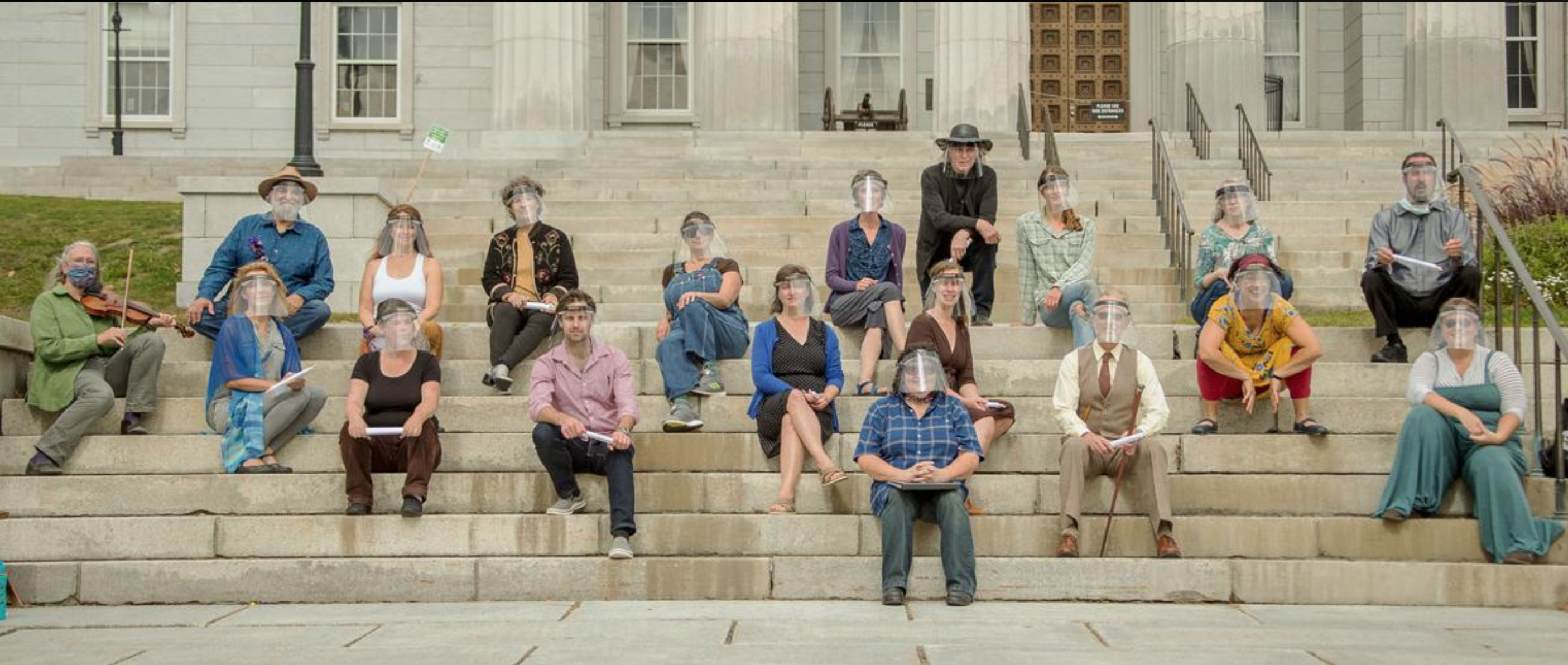 The cast of Lost Nation Theater's Midsommer Nights Dreame on the Steps of the Vermont State House